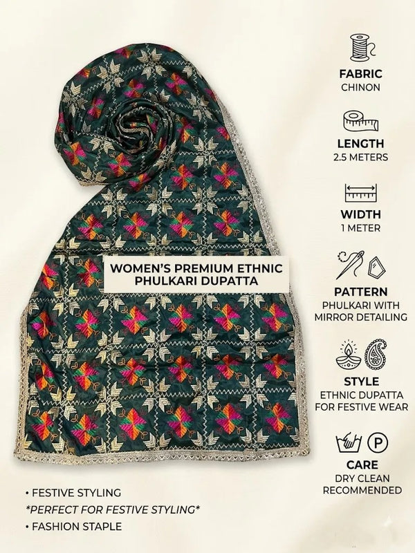 Luxe Chinon Women Phulkari Green Dupatta with Lace Border & Traditional Motif Work