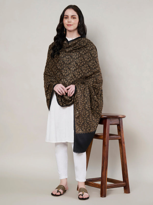 Woolen Women Shawl in Black with All-Over Floral Jaal Weave (80 x 40 Inches)