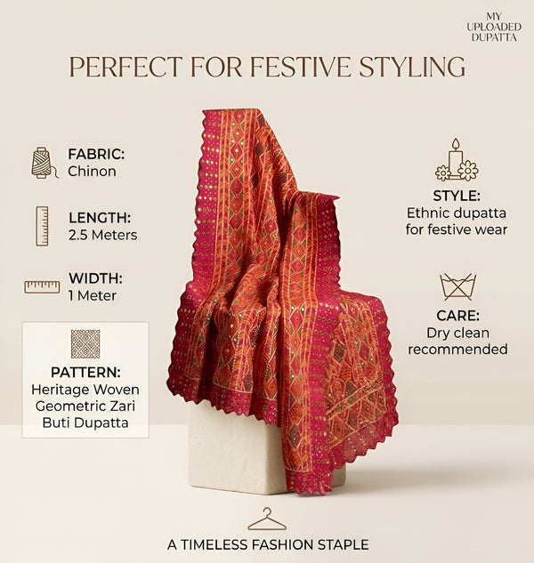 Heritage Woven Geometric Zari Chinon Pink Mens Dupatta