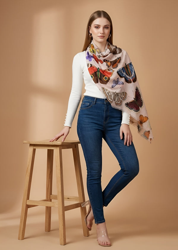Signature Bamboo Silk Butterfly PrintedStole | Nature Inspired Multicolour Designer Wrap