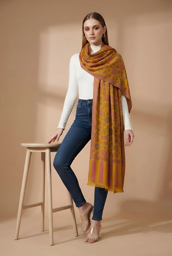 Regal Kani Weave Floral Wool Blend Yellow Stole | Kashmiri Inspired
