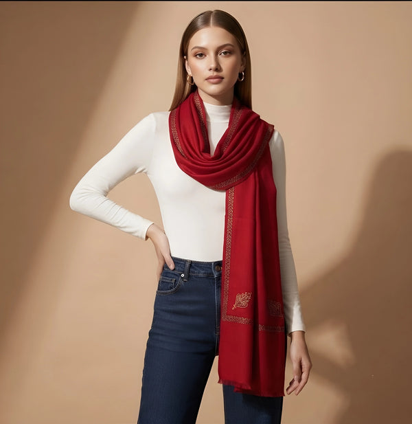 Regal Woven Border Accent Corner Wool Blend Red Stole| Kashmiri Inspired