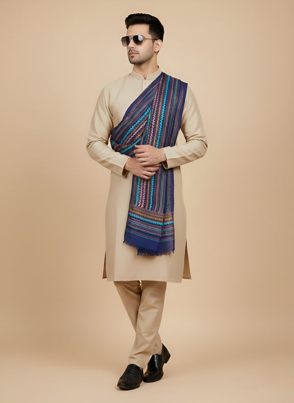 Woolen Zig-Zag Moonlight Zari Mens Stole | Heritage Wrap (80 x 28 Inches)