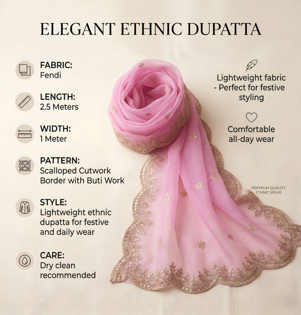 Pink Organza Mens Dupatta – Scalloped Cutwork Border with Buti Work