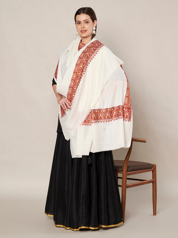 White Woolen Women Shawl with Traditional Embroidered Border (80 x 40 Inches)