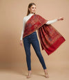 Regal Kani Weave Mughal Architecture & Floral Garden Wool Blend Red Stole