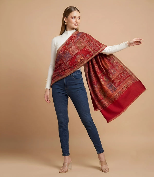 Regal Kani Weave Mughal Architecture & Floral Garden Wool Blend Red Stole