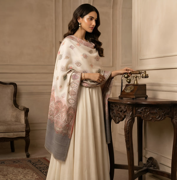 Naqsh-e-Kashmir Woven Kani Jacquard White Shawl with All-Over Buttis & Solid Panel