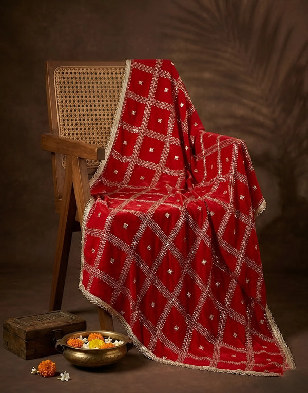 Red Chinon Dupatta with Gold Grid Embellishment (Size: 2.5x1 m Approx)