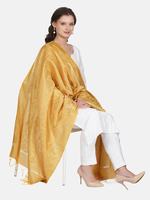 Cream Banarasi Silk Dupatta with All-Over Woven Floral Motifs & Rich Zari Border (Size: 2.5x1 m Approx)