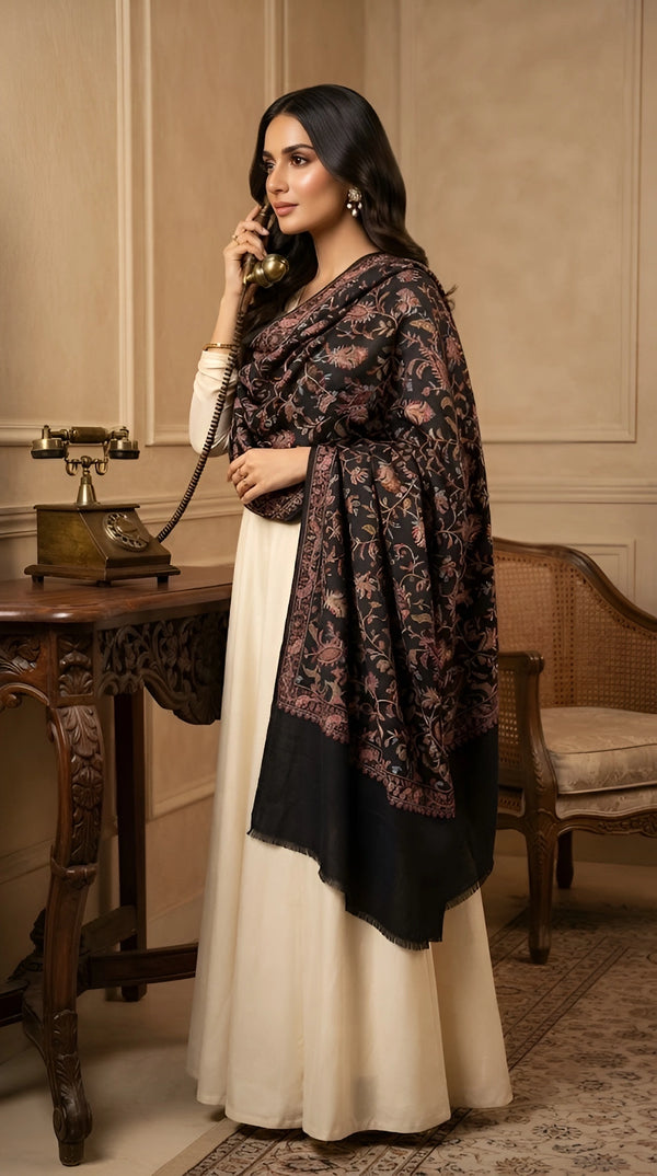 Naqsh-e-Kashmir Inspired Jamawar Floral Paisley Vine Wool Blend Blue Shawl