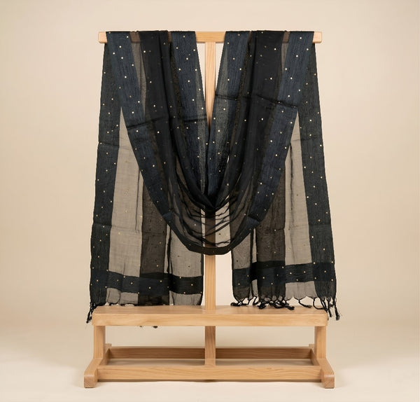 Black Organza Dupatta with Golden Beads Work & Tassel Border