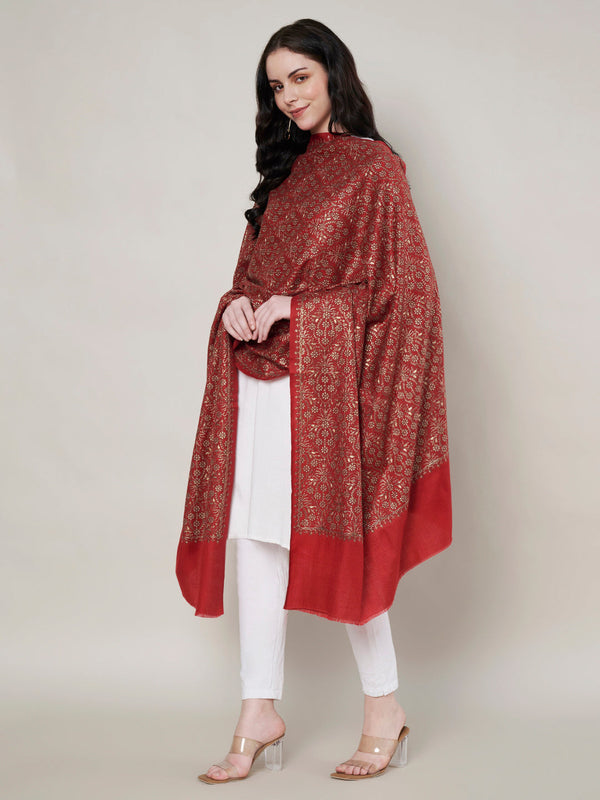 Woolen Women Shawl in Maroon with All-Over Floral Jaal Weave (80 x 40 Inches)