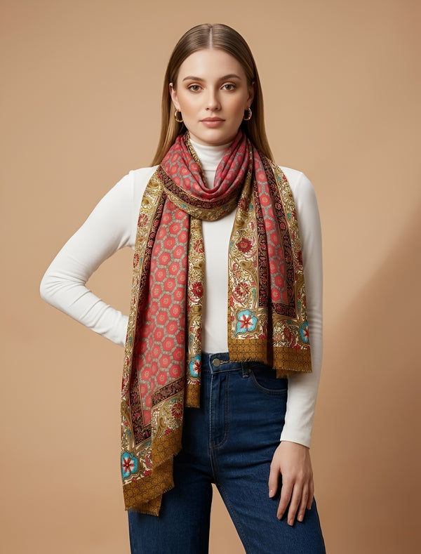Signature Bamboo Silk PrintedStole | Heritage Floral Border & Geometric Motif Print