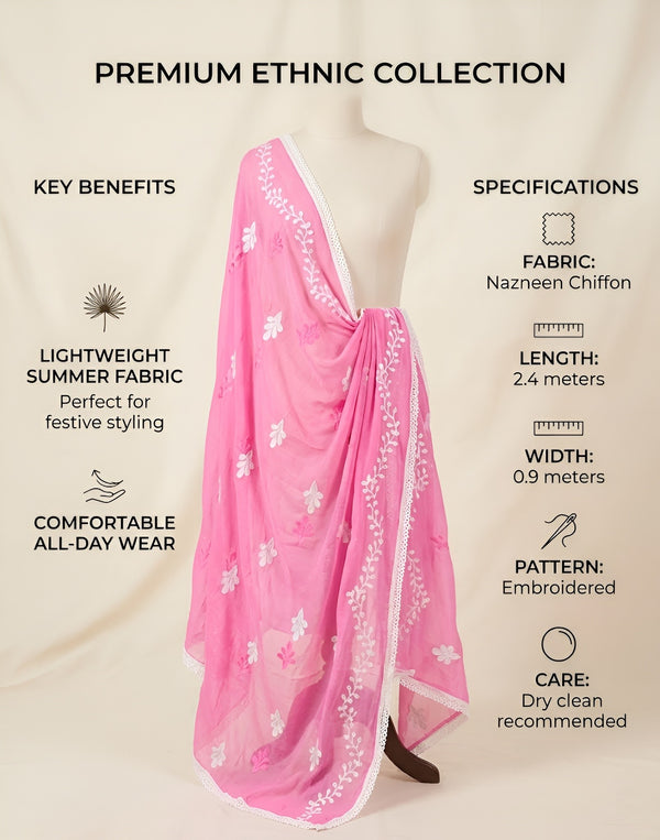 Pink Nazneen Chiffon Mens Dupatta with Floral Embroidery & Border