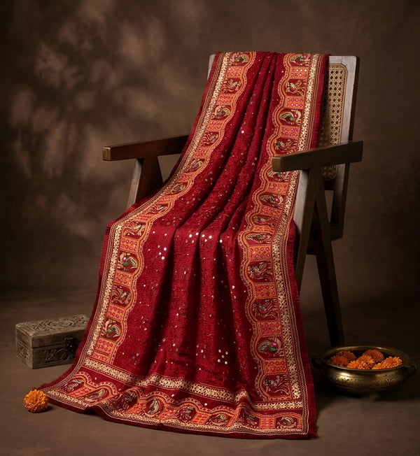 Luxe Chinon Kutch & Phulkari Heritage Art Mirror Work Embroidered Maroon Dupatta with Ornate Border
