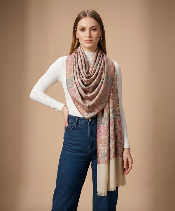 Regal Floral & Paisley Kani Weave Wool Blend Beige Stole