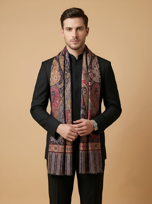 Reserve Mens All-Over Paisley & Floral Print Bamboo Silk Beige Stole