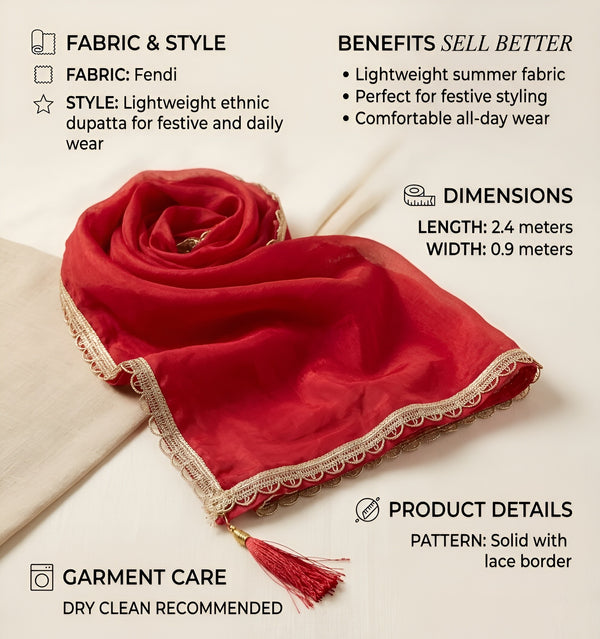 Fendi Women Dupatta – Red Tone with Lace Border & Latkan