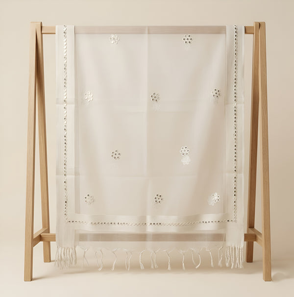 White Organza Dupatta with Mirror Flower Embroidery & Cutwork Border