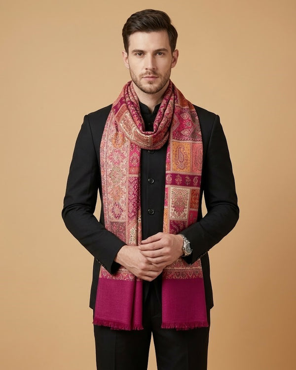 Noble Mens Patchwork Kani Jacquard Woven Maroon Stole