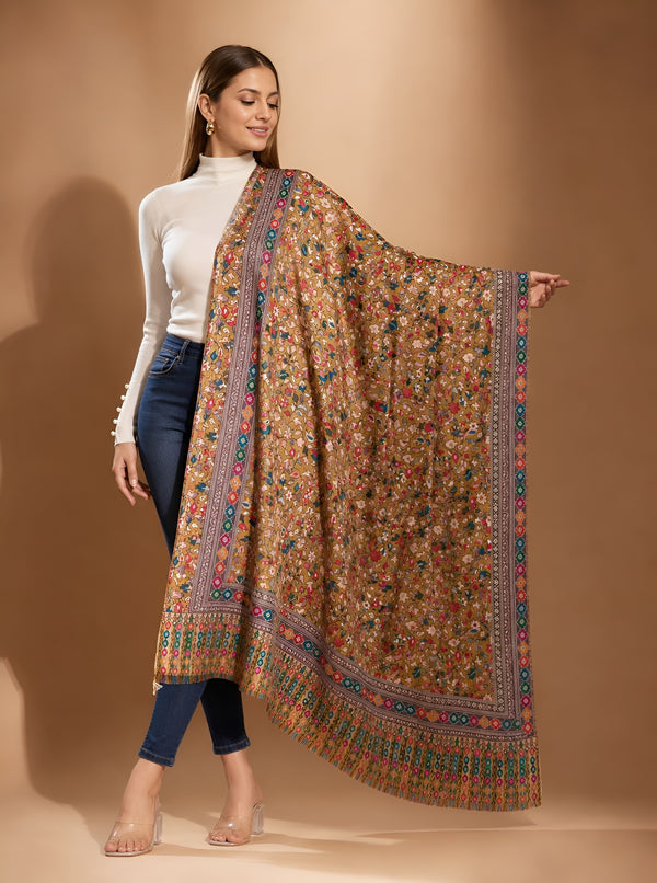 Signature Kalamkari Printed Bamboo Silk Mustard Stole