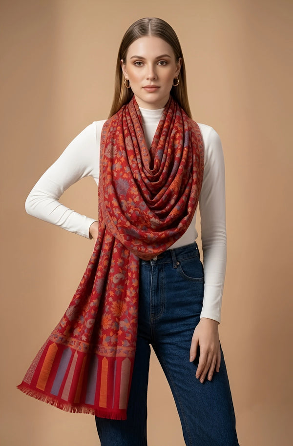 Regal Kani Weave Floral Wool Blend Red Stole | Kashmiri Inspired