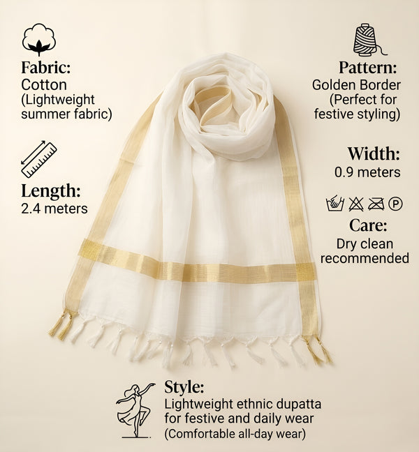 Cotton Mens Dupatta – White with Golden Border & Tassel Finish