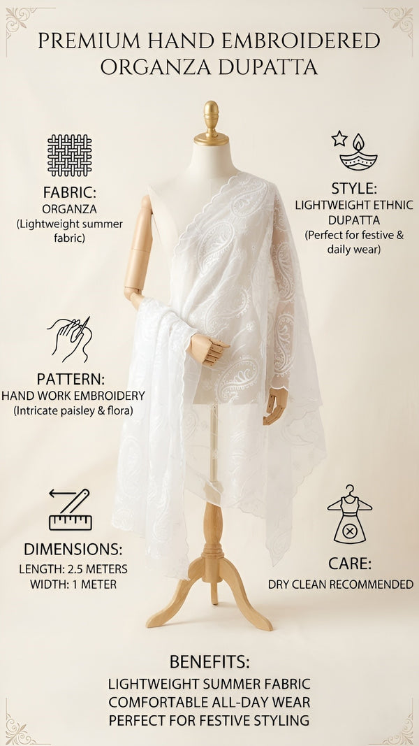 White Organza Embroidered Dupatta for Women with Paisley & Floral
