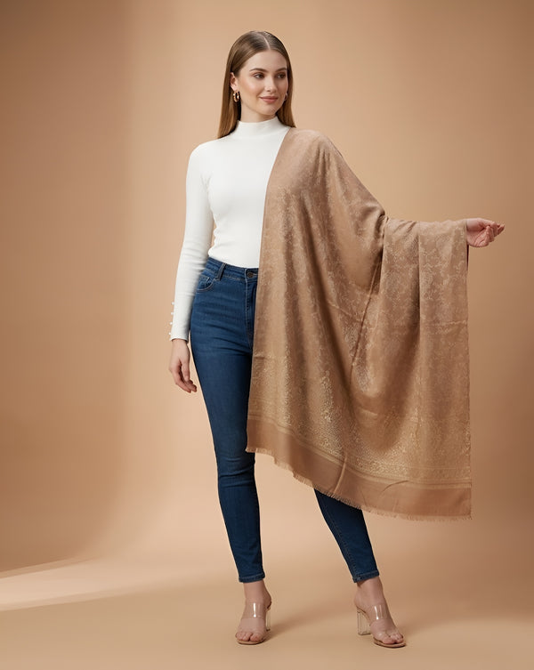 Everyday Wool Blend All-Over Zari Jacquard Woven Floral Trellis Brown Stole
