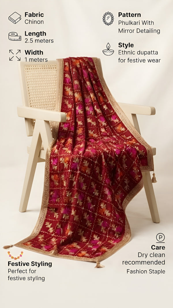 Heritage Phulkari Chinon Mens Dupatta with Mirror Detailing