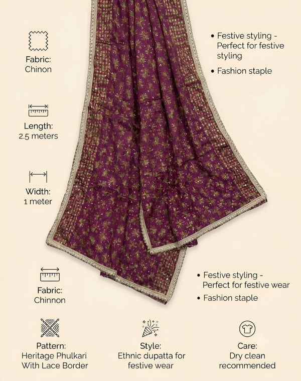 Luxe Heritage Phulkari Chinon Embroidered Purple Dupatta with Lace Border