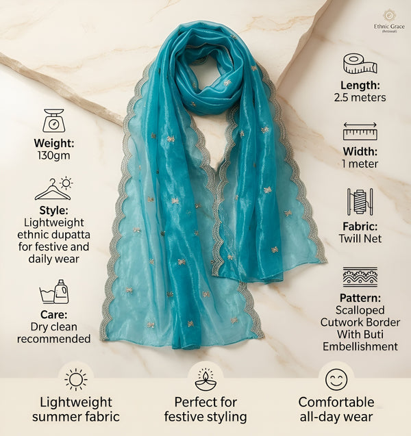 Designer Twill Net Women Aqua Dupatta with 2 Side Scalloped Border & Buti Embellishment
