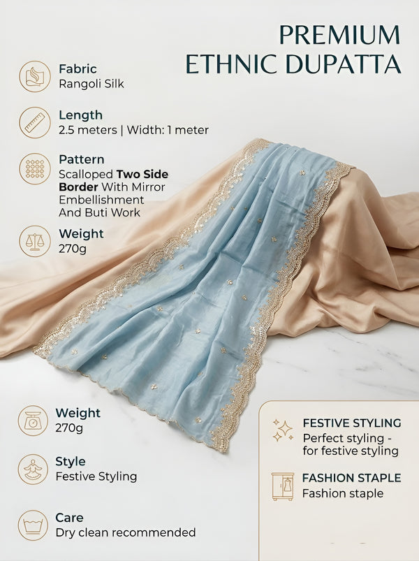 Luxe Fendi Women Blue Dupatta with 2 Side Scalloped Border, Mirror Detailing & Buti Embellishment