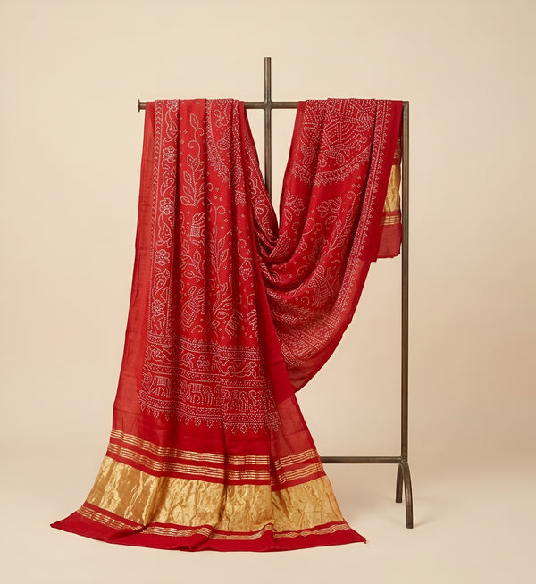 Bamboo Silk Bandhani Inspired Gajji Women Red Dupatta with Elephant & Floral Motifs and Golden Tape Border