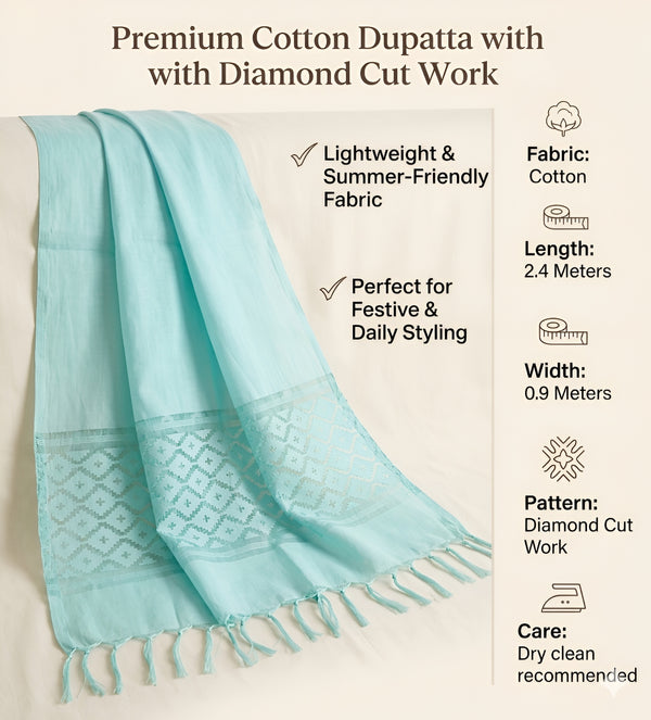 Cotton Mens Dupatta – Blue with Diamond Cut Work & Woven Border