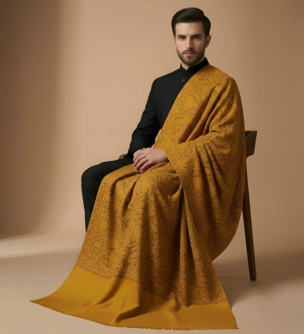 Mir-e-Khas Kashmiri Sozni Jaal Yellow Shawl for Men – Wool Blend