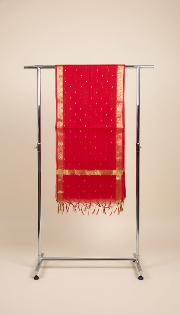 Cotton Silk Mens Dupatta – Red with Zari Buta & Border Work