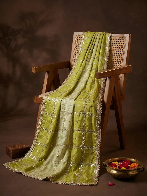 Luxe Chinon Womens Green Dupatta – Embellished Grid Work with Lace Border