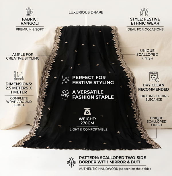 Luxe Fendi Women Black Dupatta with 2 Side Scalloped Border, Mirror Detailing & Buti Embellishment