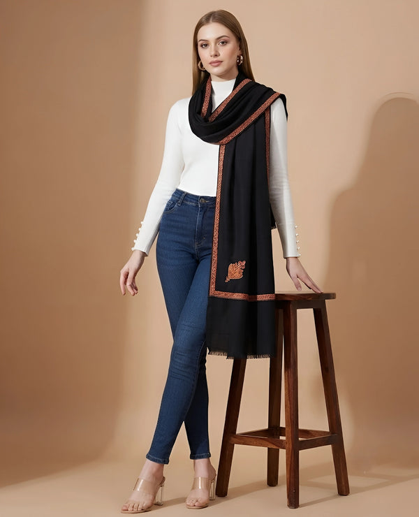 Regal Woven Border Accent Corner Wool Blend Black Stole| Kashmiri Inspired
