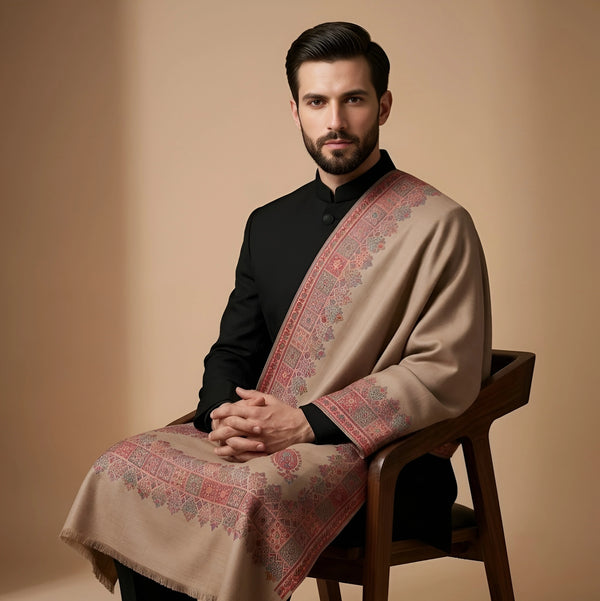 Mir-e-Khas Men's Kashmir-Inspired Kani Paisley & Geometric Border Wool Blend Brown Shawl