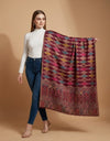 Signature Geometric Diamond Jacquard with Mughal Floral Border Wool Blend Wine Stole
