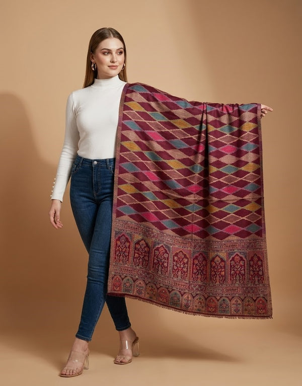 Signature Geometric Diamond Jacquard with Mughal Floral Border Wool Blend Wine Stole