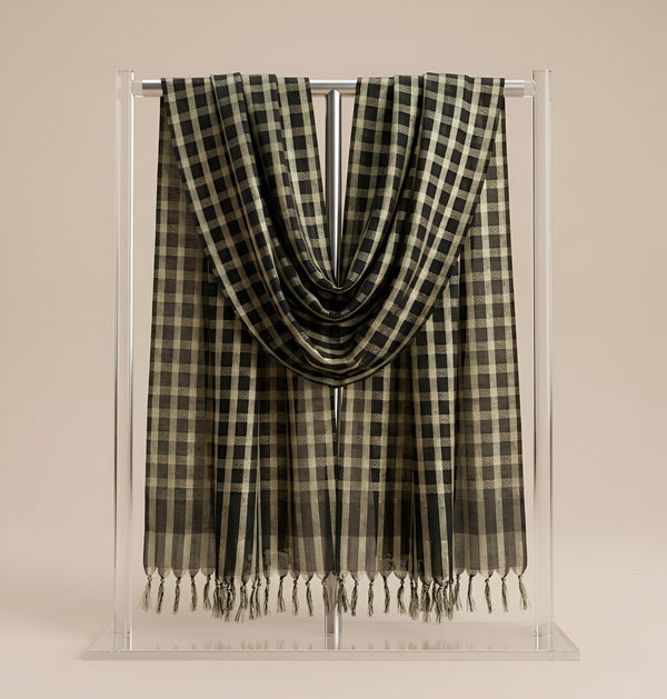 Black Cotton Dupatta with Golden Stripe Weave & Tassel Border