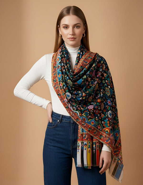 Signature Bamboo Silk Black Ethnic Floral BorderStole | Multicolour Heritage Border