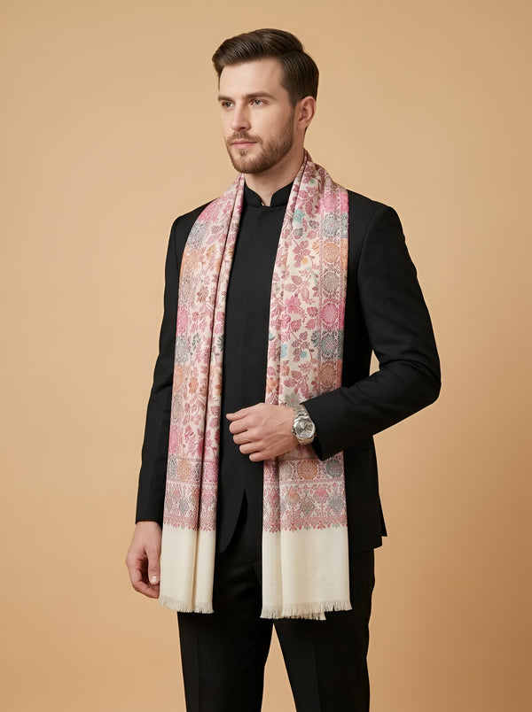 Noble Mens Wool Blend Floral Kani Weave White Stole