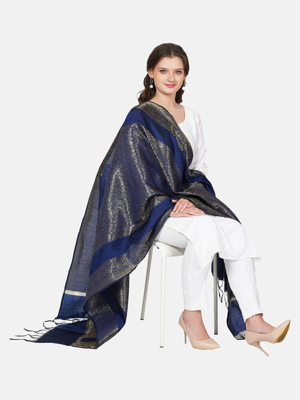 Blue Banarasi Silk Dupatta with All-Over Woven Floral Zari Jaal (Size: 2.5x1 m Approx)