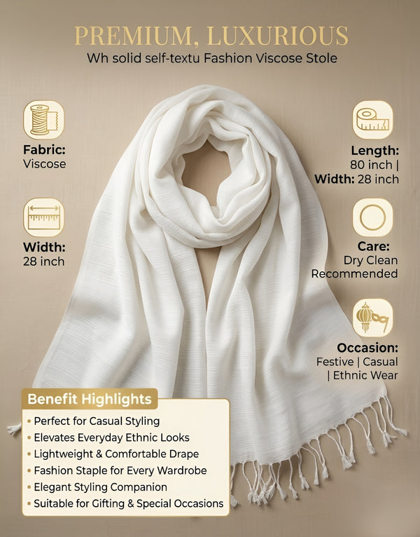Everyday Solid Textured Viscose White Women's Stole | Lightweight Wrap