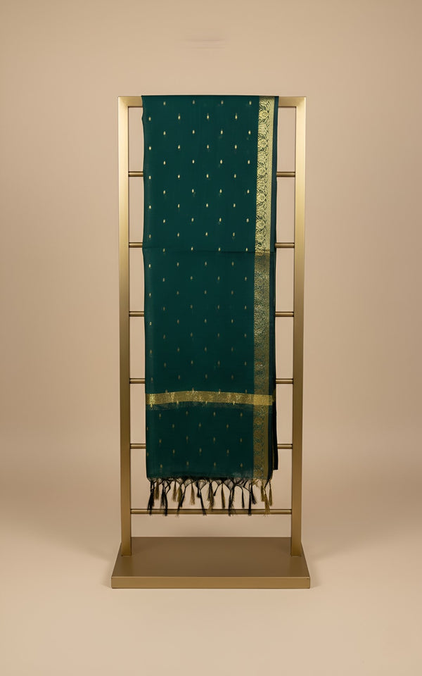 Cotton Silk Mens Dupatta – Green with Zari Buta & Border Work